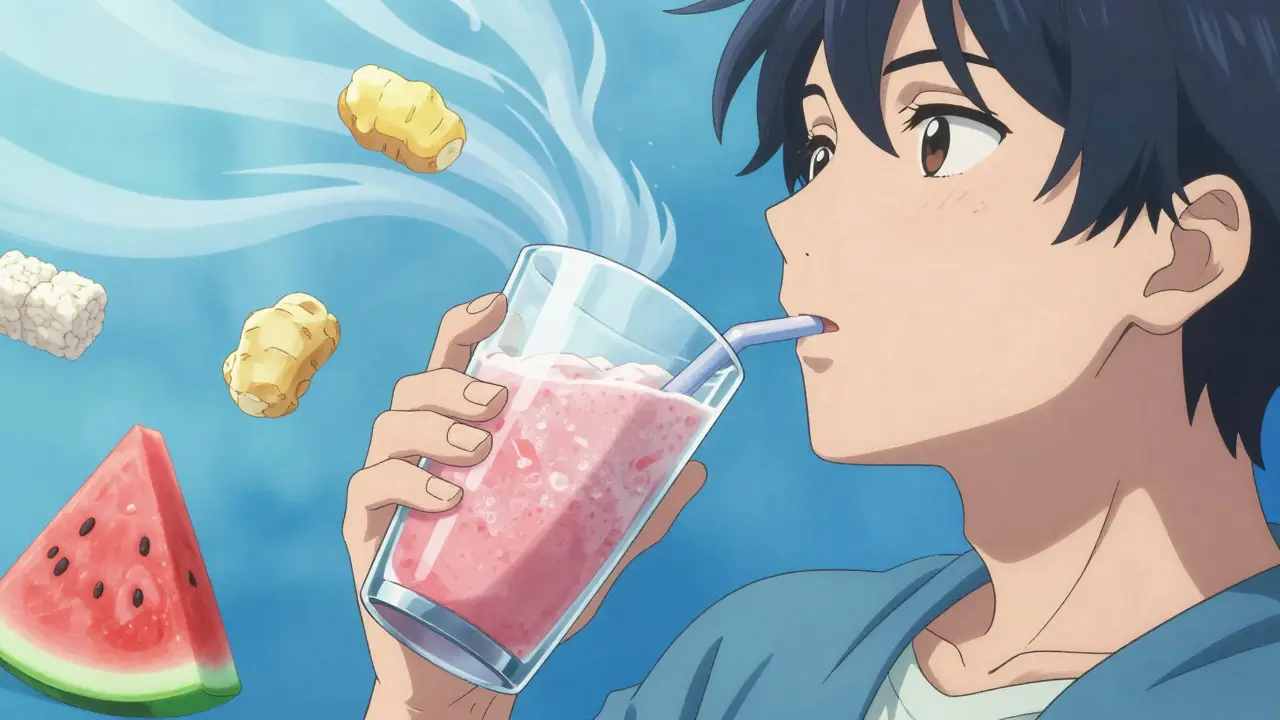 Person drinking cold smoothie surrounded by ginger and crackers.