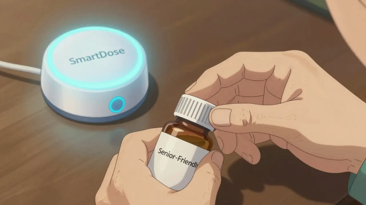 Seniors hands using an easy-grip medication bottle with a smart cap