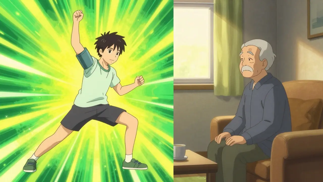 Split screen anime art comparing a young energetic adult and a peaceful elderly person.