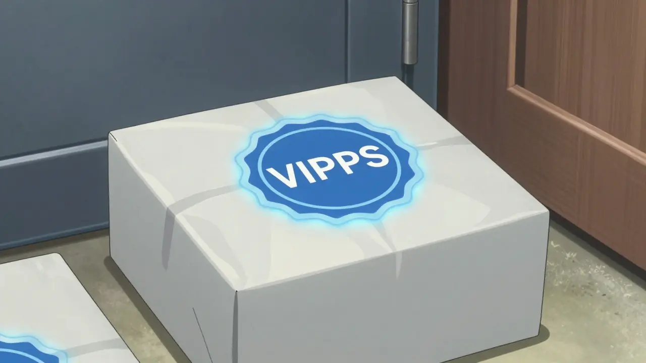 Anime art of a secure medicine package with a glowing verification seal