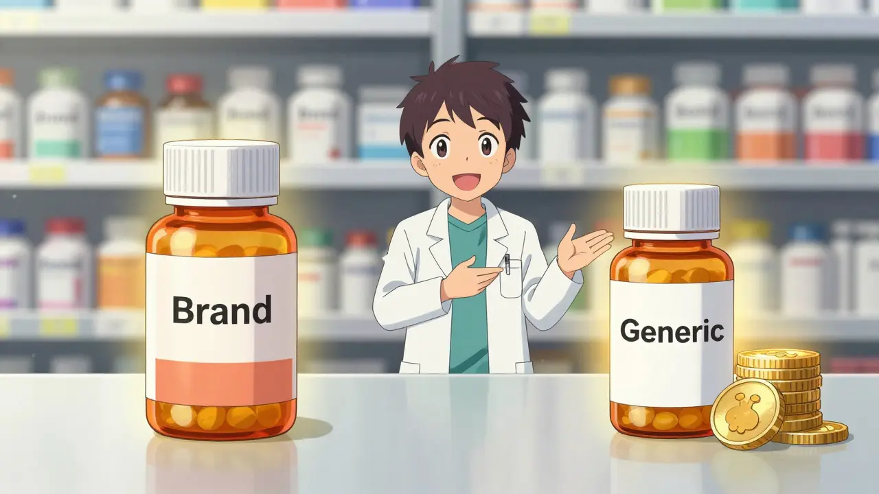 Anime illustration comparing brand name vs generic medication costs