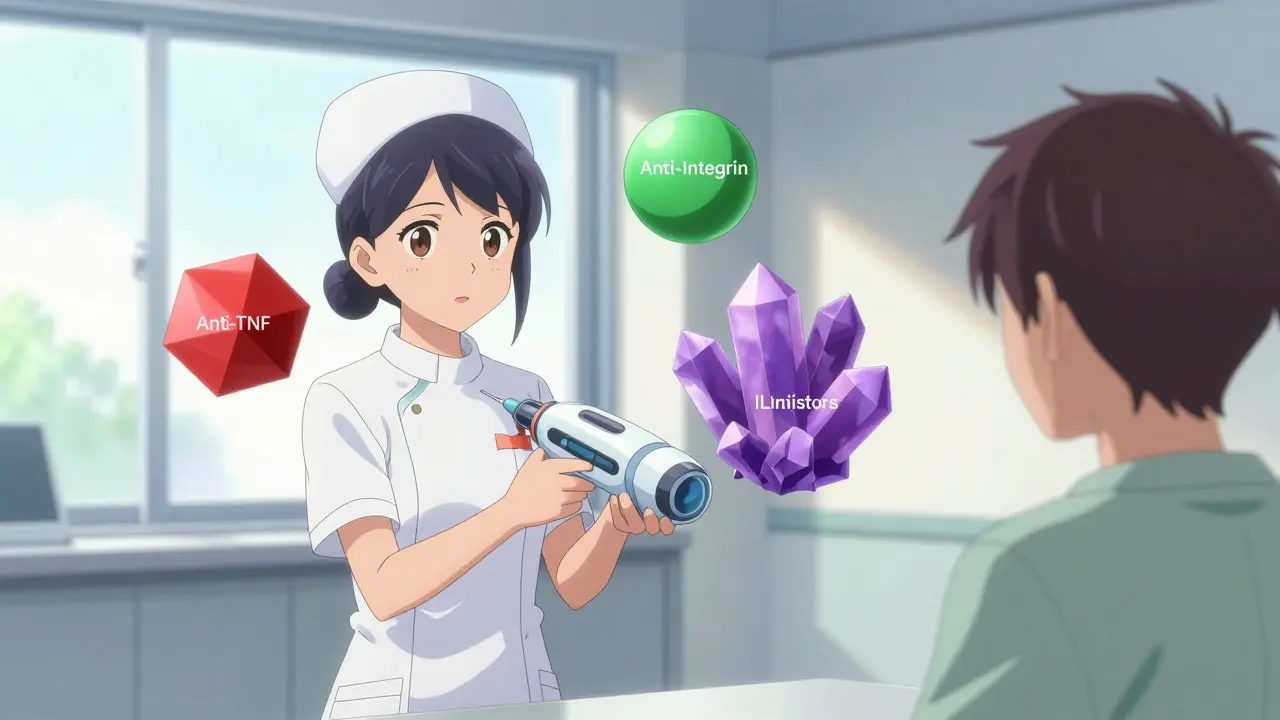 Anime scene of a patient receiving an injection device with floating drug class symbols nearby.