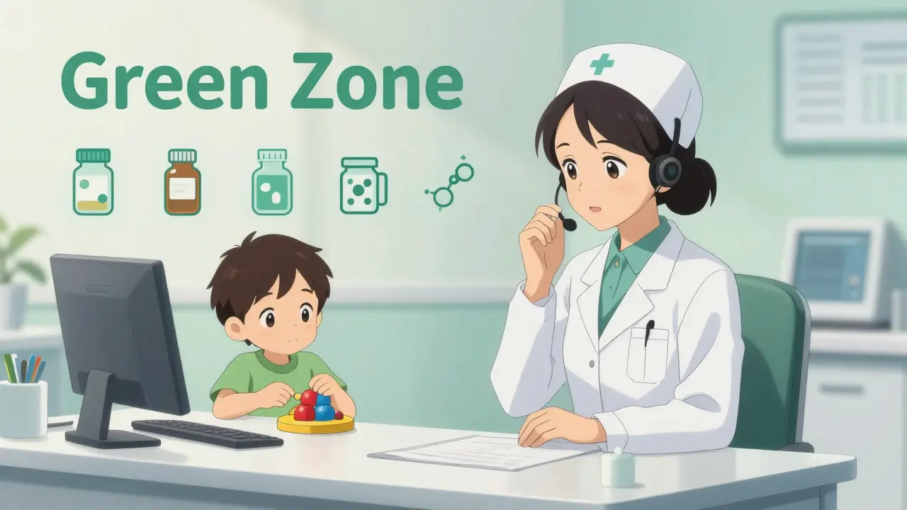 Calm poison control specialist advising a parent with a stable child