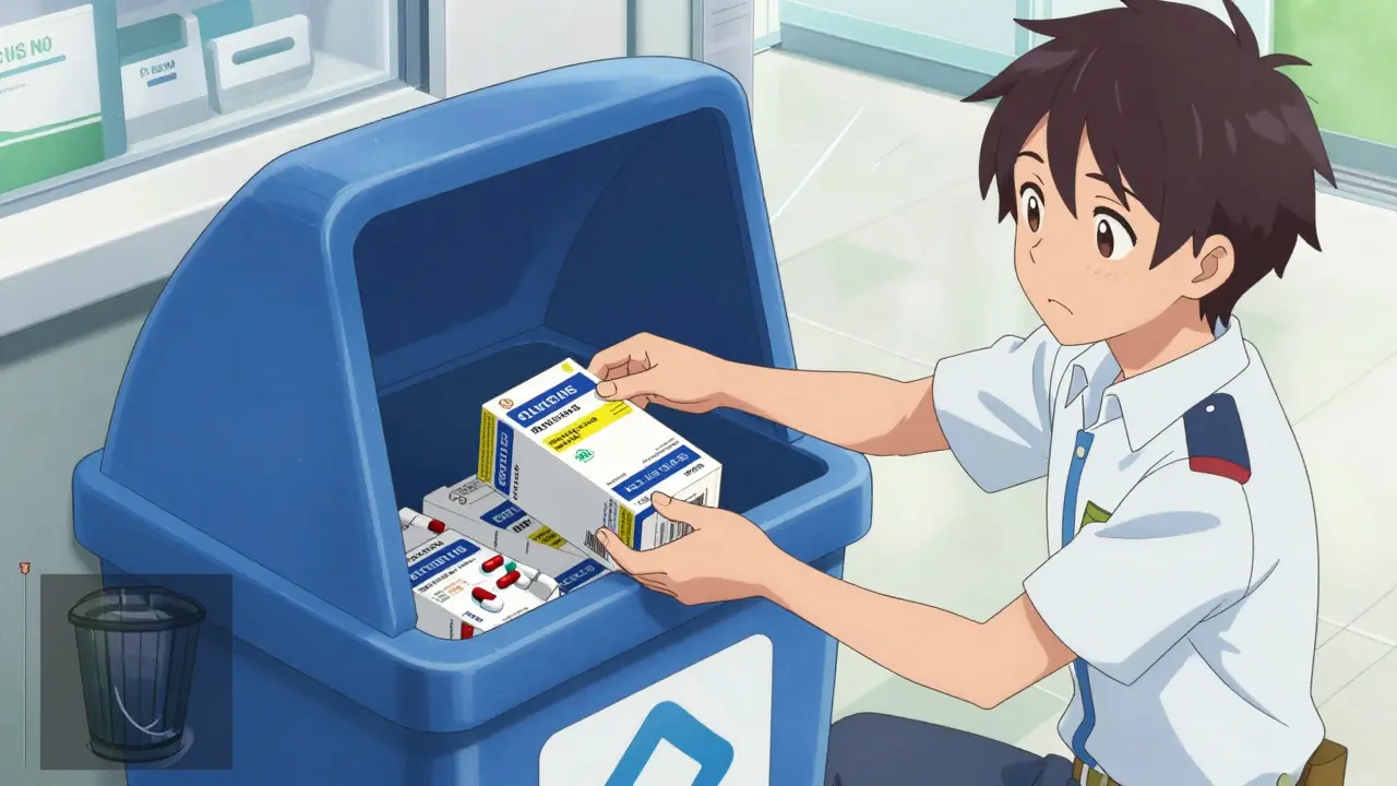 Character dropping expired meds into a safe disposal bin