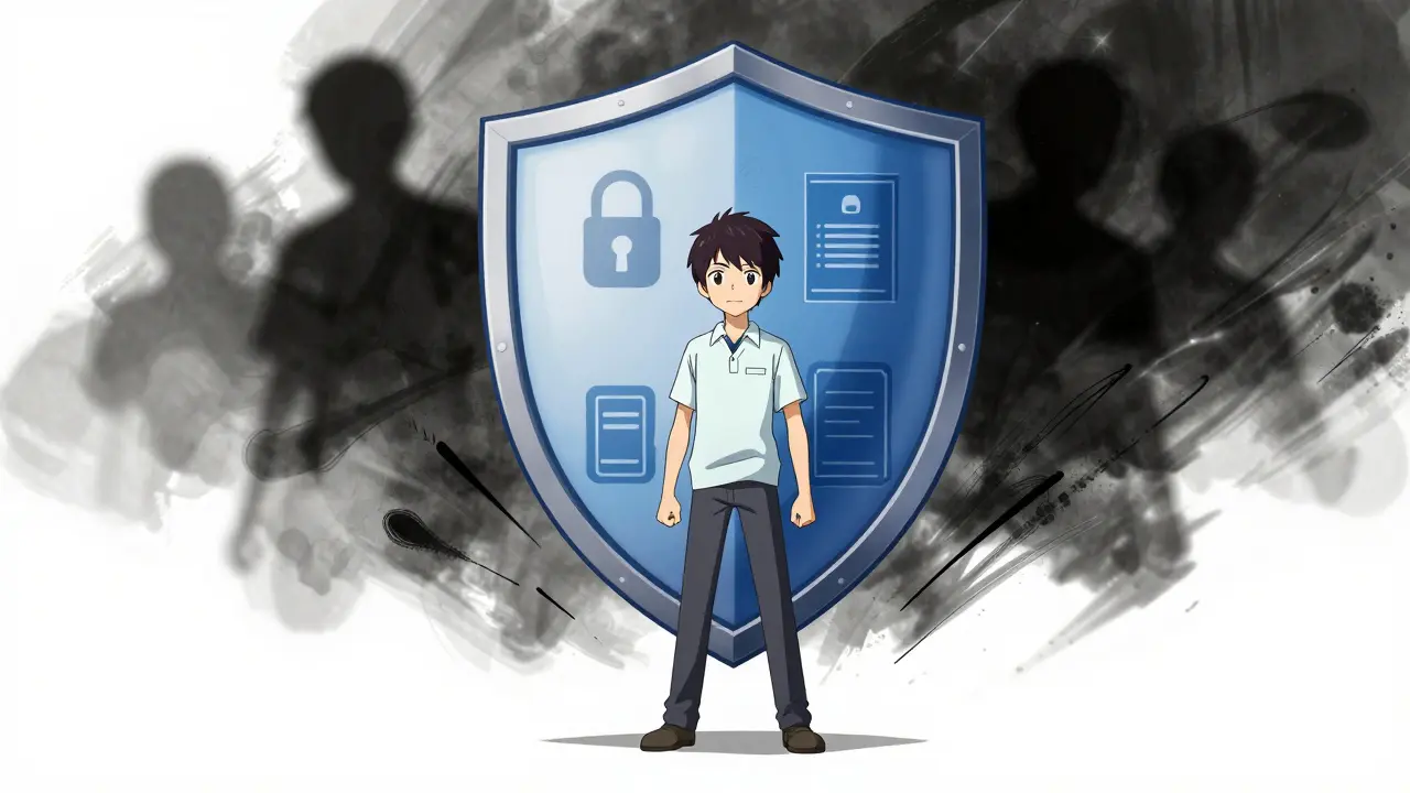 Character standing behind shield symbolizing safe and verified online pharmacy