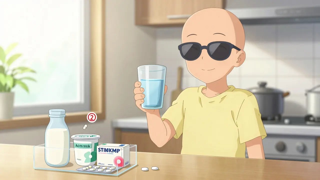 Character taking antibiotics safely with water, avoiding dairy interactions