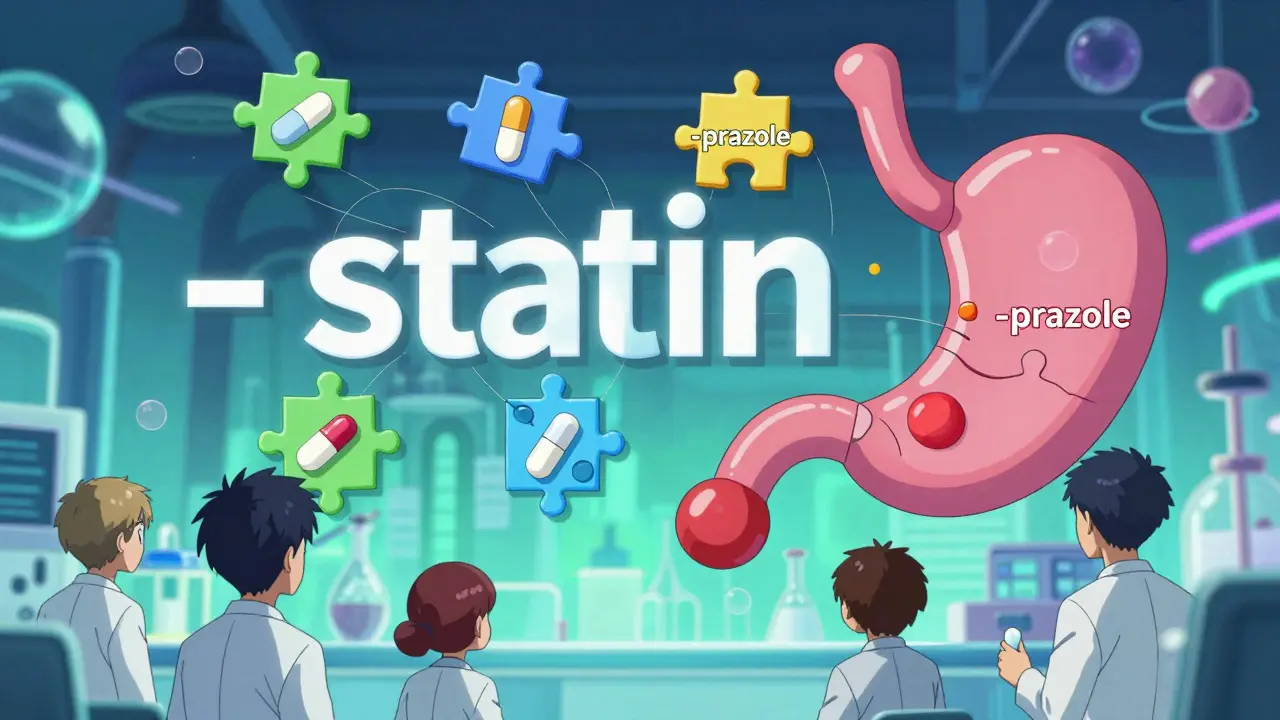 Colorful puzzle pieces forming medical symbols to represent drug naming stems