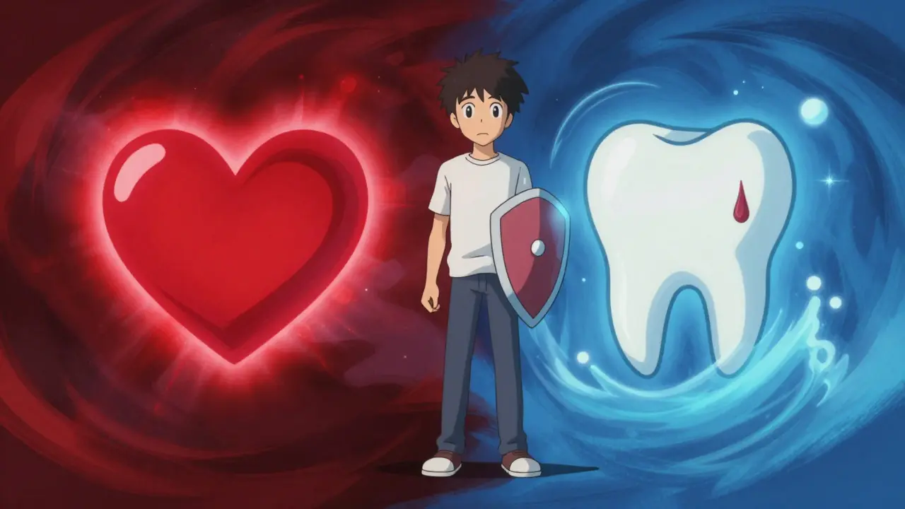 Conceptual anime art comparing heart risks vs dental bleeding risks for patients on blood thinners.