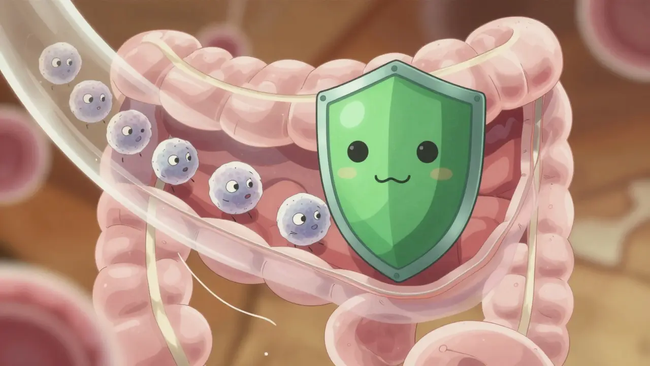 Conceptual anime art showing gut-selective therapy blocking immune cells from entering the intestine.