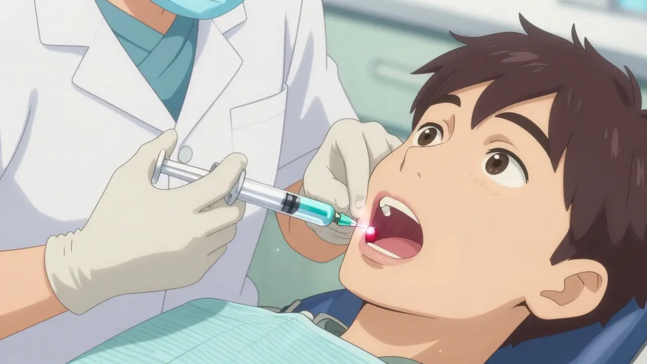 Dentist applying hemostatic solution to extraction site in anime style, showing safe dental care.