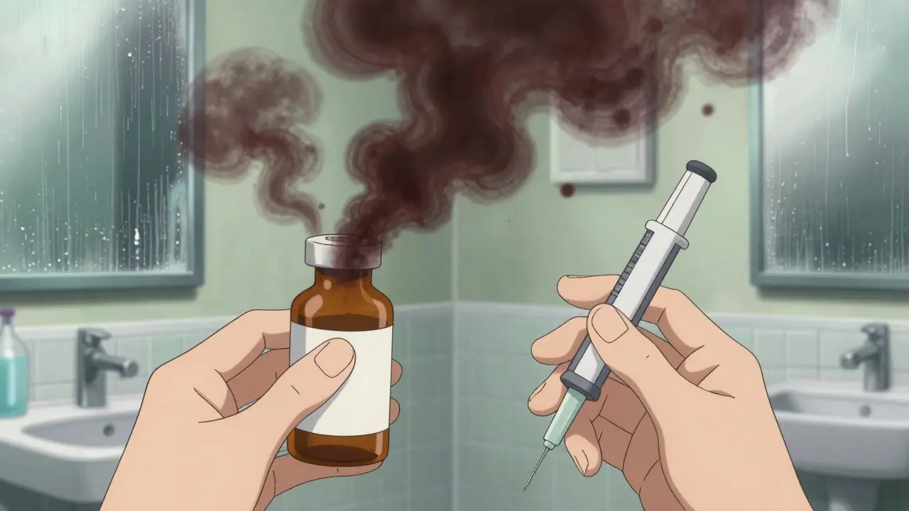 Hand holding expired pills with toxic smoke rising from them
