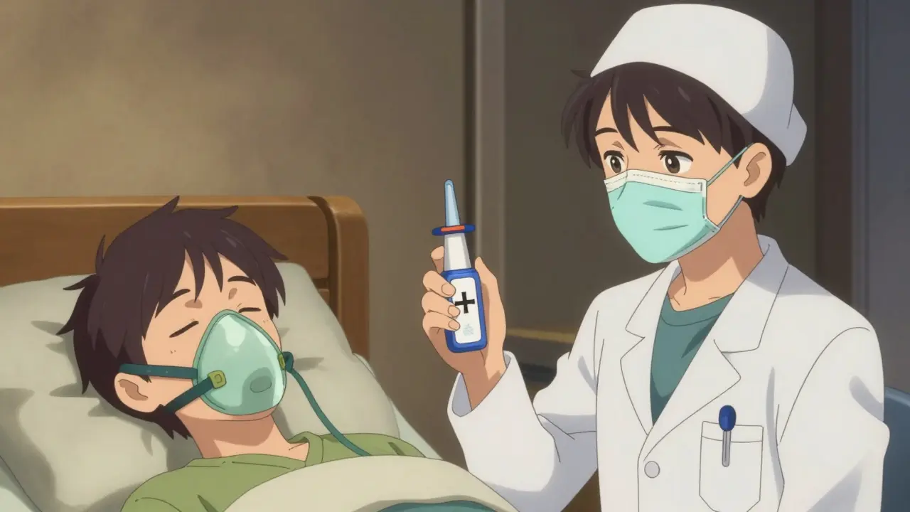 Medical worker with CPAP and emergency spray ensuring patient safety.