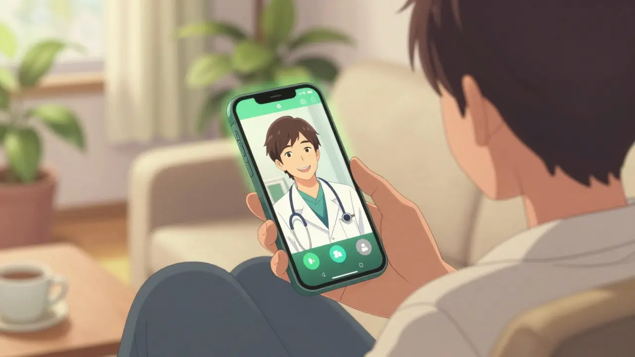 Person on sofa having a reassuring video consultation with a doctor via smartphone.