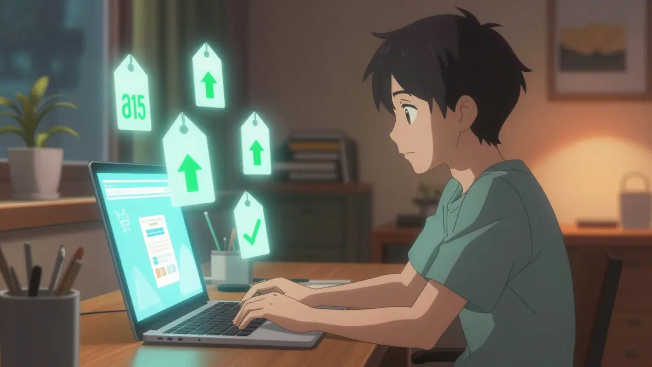 Person shopping for cheap prescriptions online on laptop in cozy room