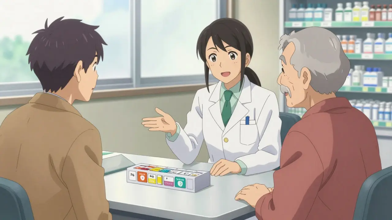 Pharmacist consulting with patient in bright clinic
