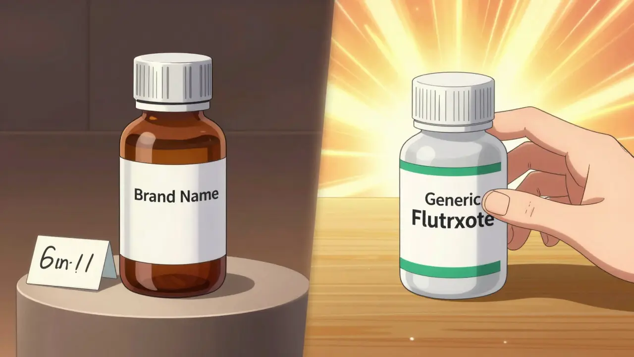Split image comparing expensive brand drug with affordable generic option in warm light.