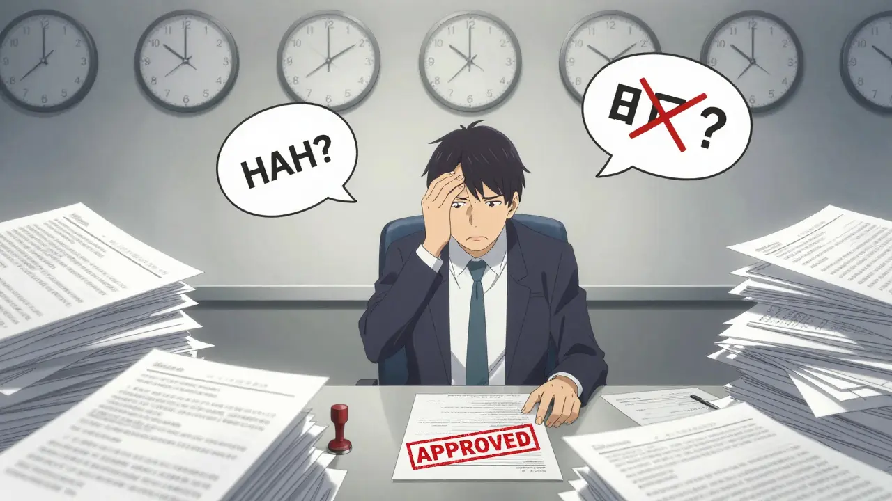 Stressed executive surrounded by rejected drug names and ticking clocks