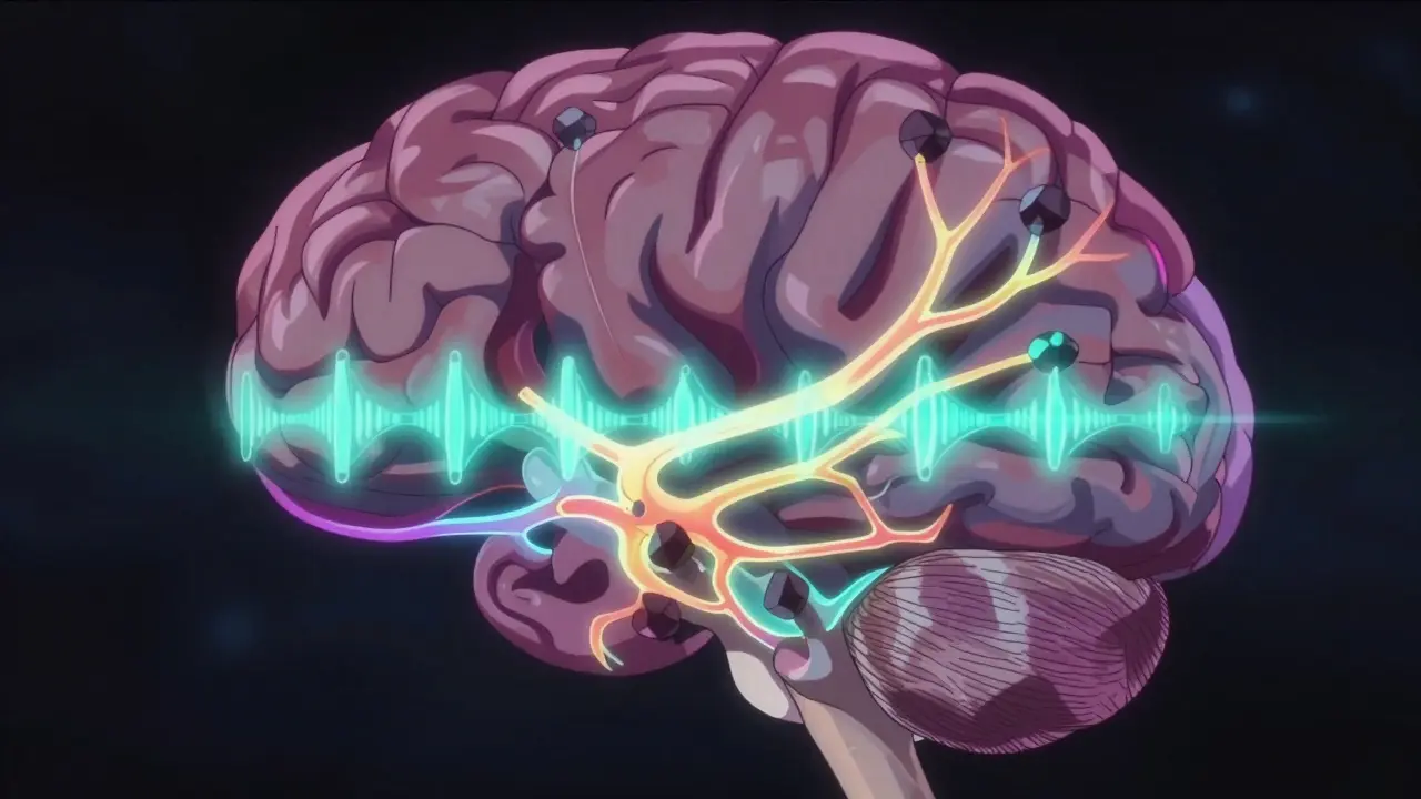 Stylized brain diagram showing opioids disrupting breathing neural signals.