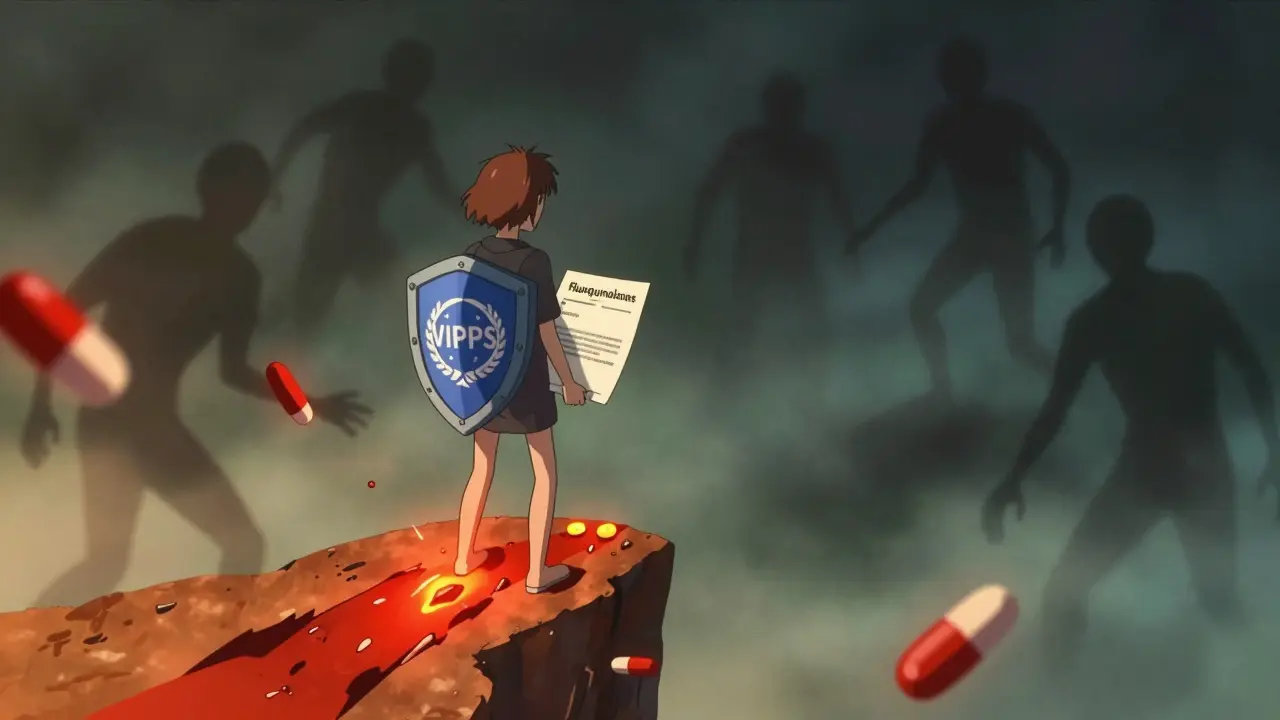 Stylized figure avoiding fake drugs and side effects with safety shields