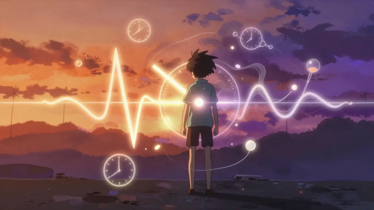 Abstract anime art showing jet lag and time zone conflict