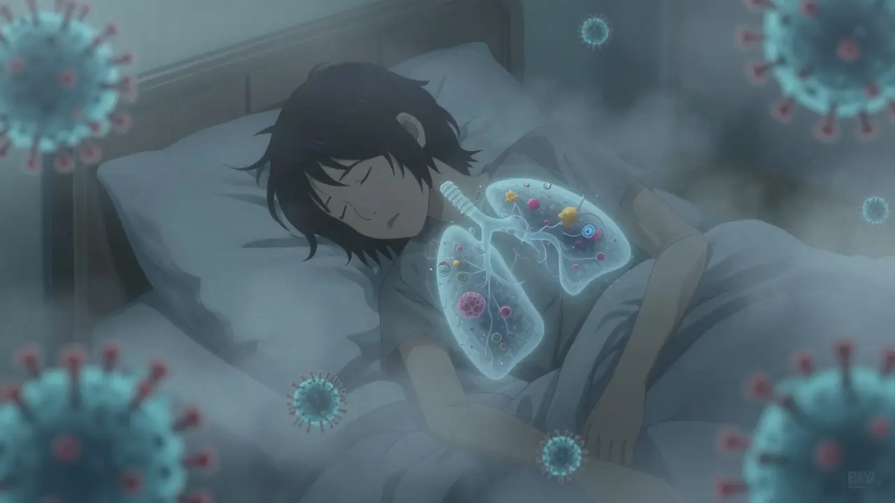 Anime character exhausted by viral pneumonia represented as blue mist