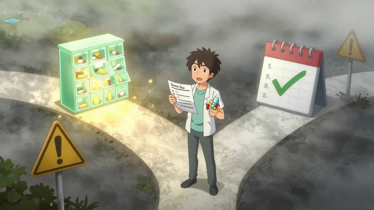 Anime patient choosing between clear medication plan and confusion