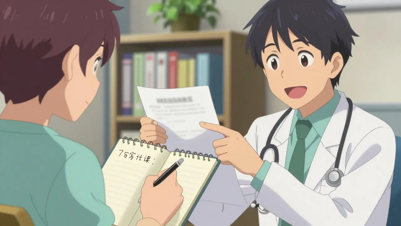 Anime patient writing notes while talking to a smiling doctor