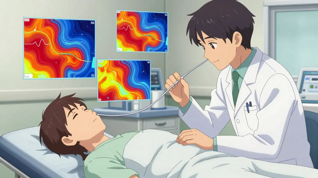 Doctor performing manometry test with colorful data maps, anime style