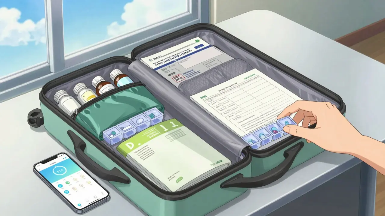 Organized carry-on with meds and phone app for travel