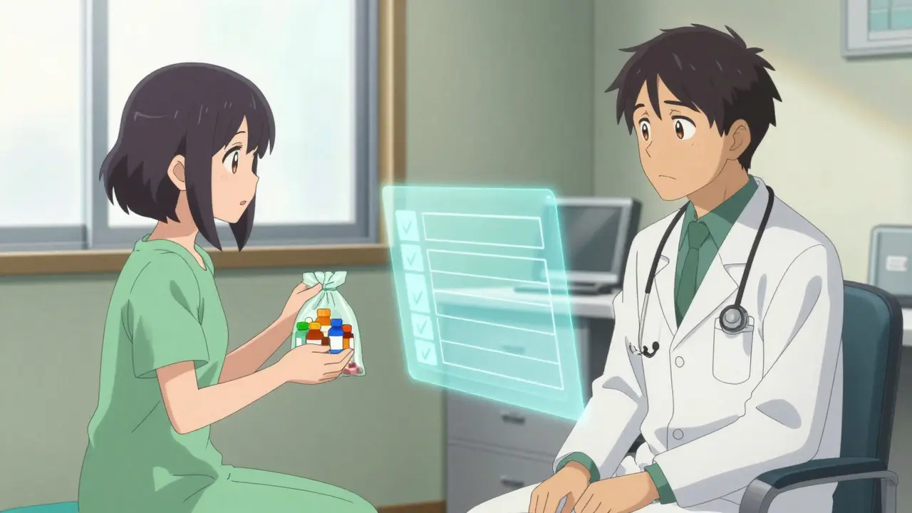 Patient discussing supplement bottles with a doctor in an office