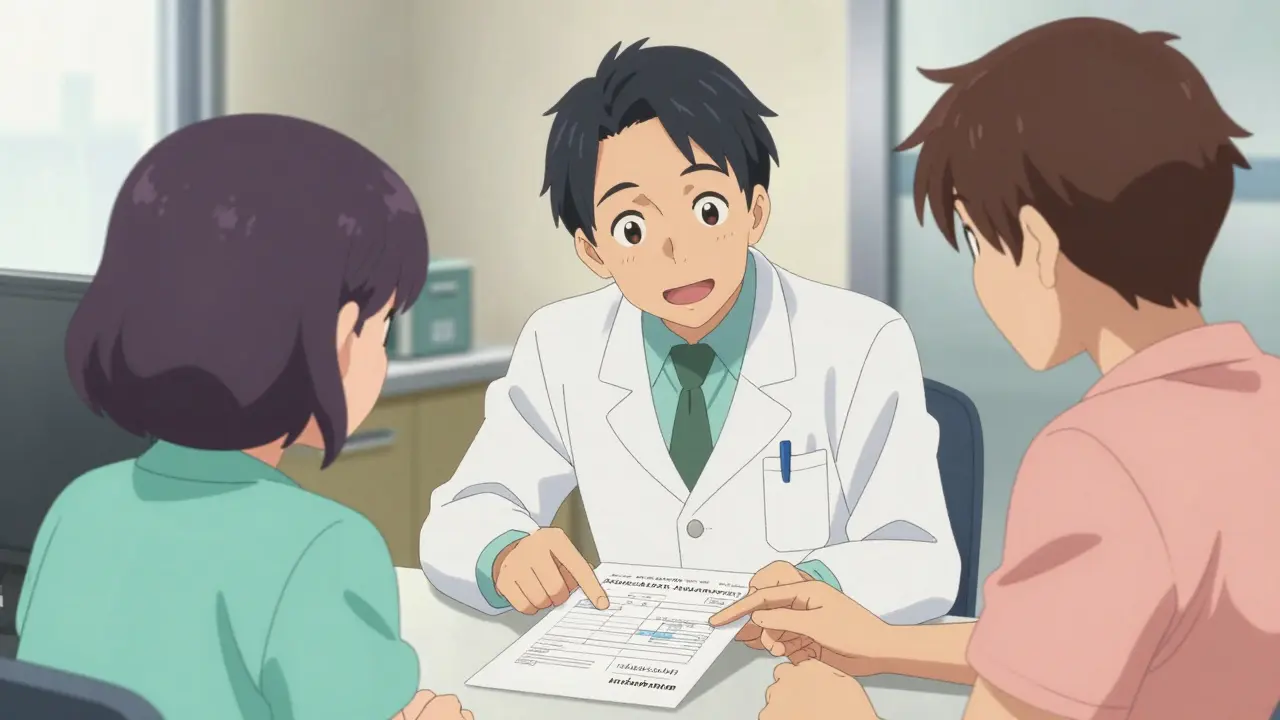 Pharmacist and patient reviewing a medication plan together
