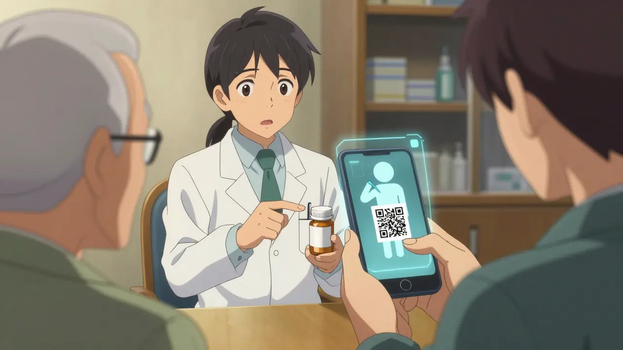 Pharmacist explaining a QR code on a label that projects AR instructions