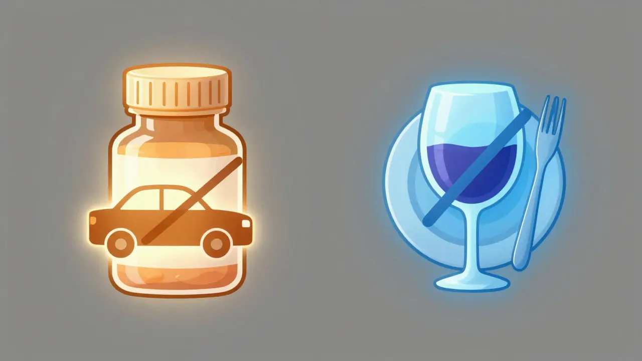 Stylized floating icons representing drowsiness, food, and alcohol warnings