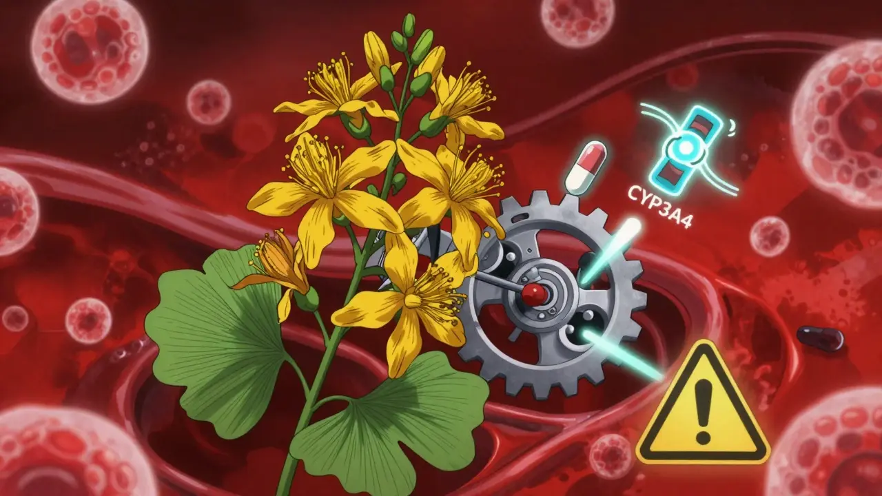 Stylized herbs turning into dangerous machinery in a bloodstream