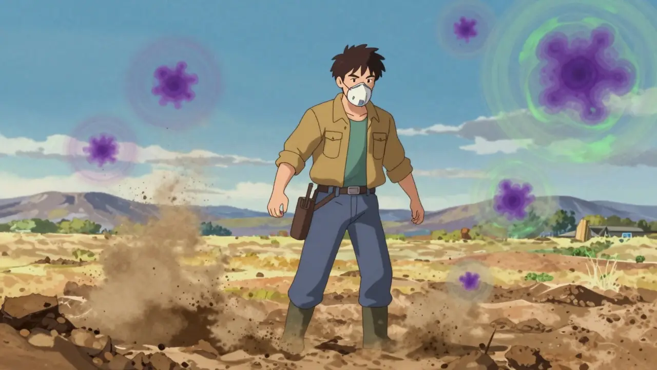 Worker in mask avoiding fungal spores in dusty field, anime style