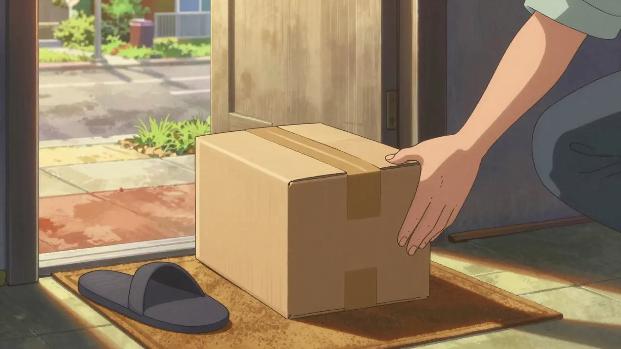 A sealed medication package waiting on a doorstep in warm afternoon sunlight.