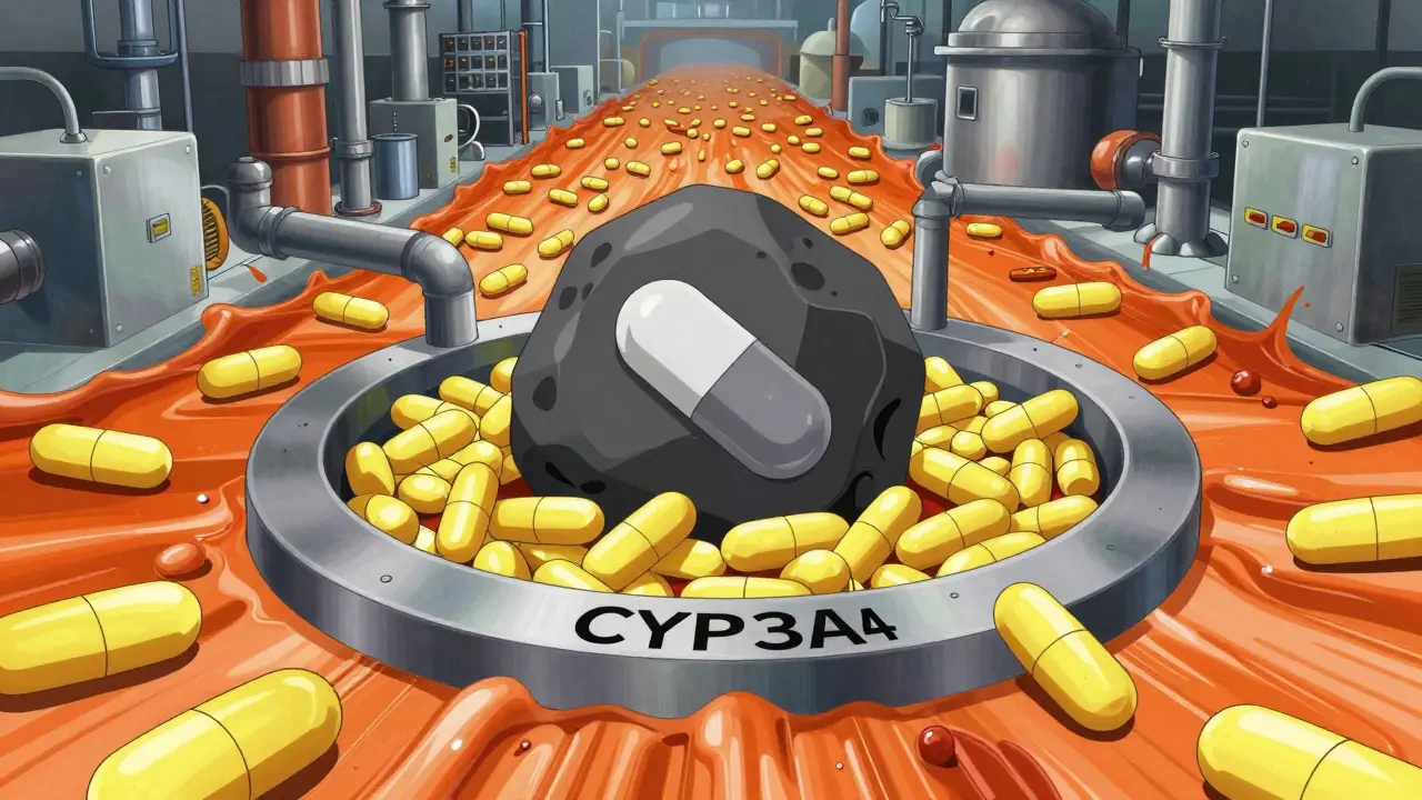 Abstract liver factory with blocked enzyme exit causing drug backup