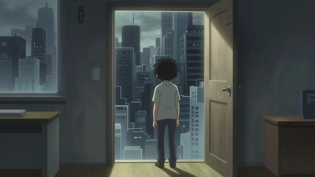 Anime character avoiding outside world due to agoraphobia