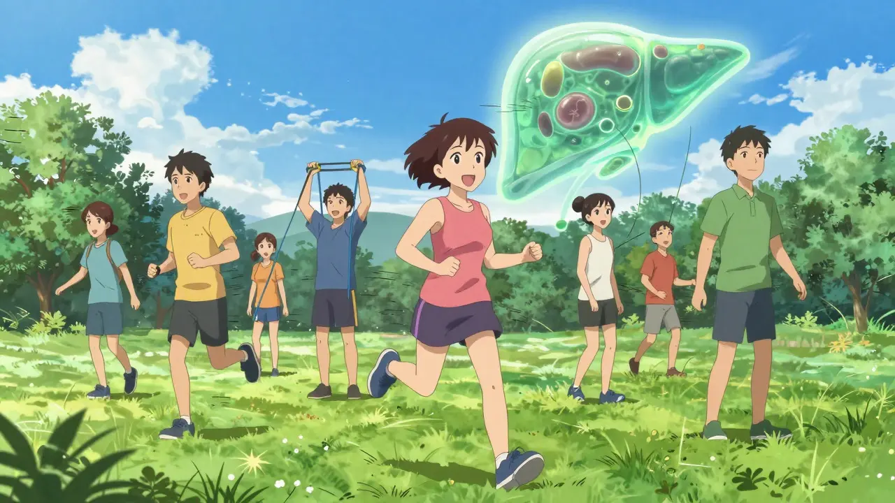 Anime characters exercising in a park with a symbolic glowing liver repair graphic in the background.