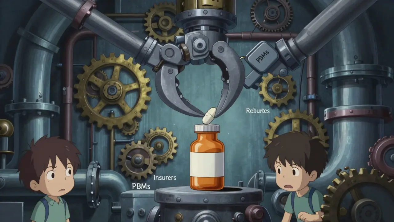 Anime illustration of complex healthcare system squeezing generic pills