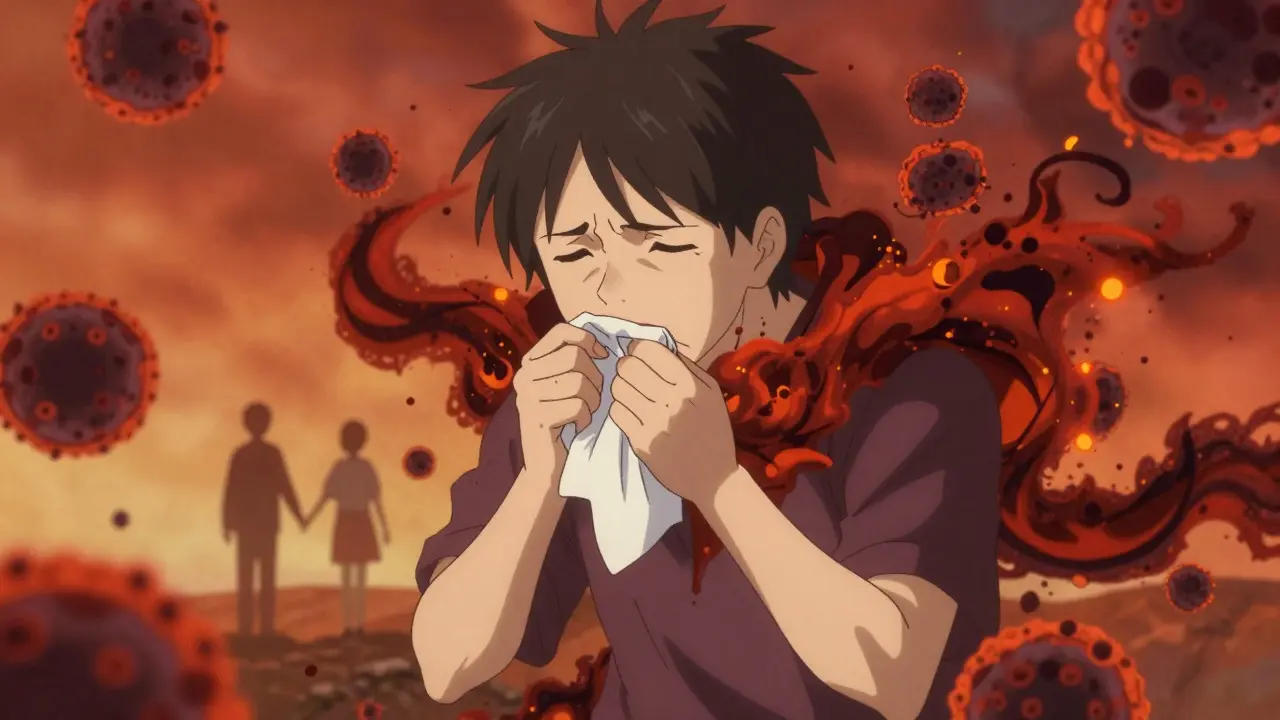 Anime style depiction of a sick person coughing with swirling red particles representing active TB spread.