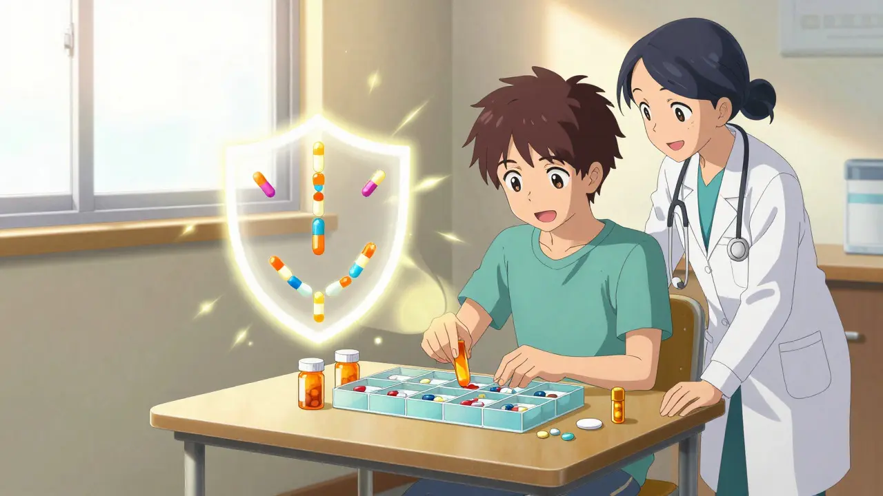 Anime style scene of a patient organizing medication pills with a healthcare worker supervising.