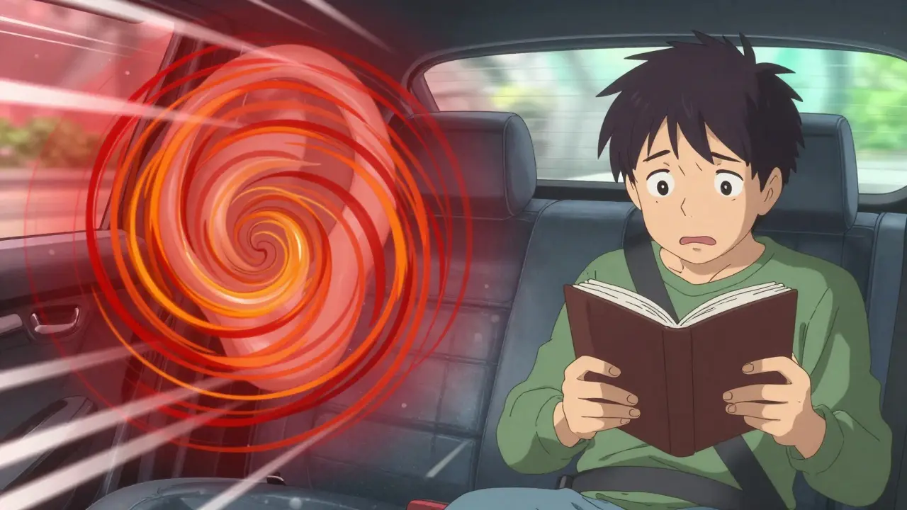Anime visualization of motion sickness showing conflicting inner ear and eye signals.