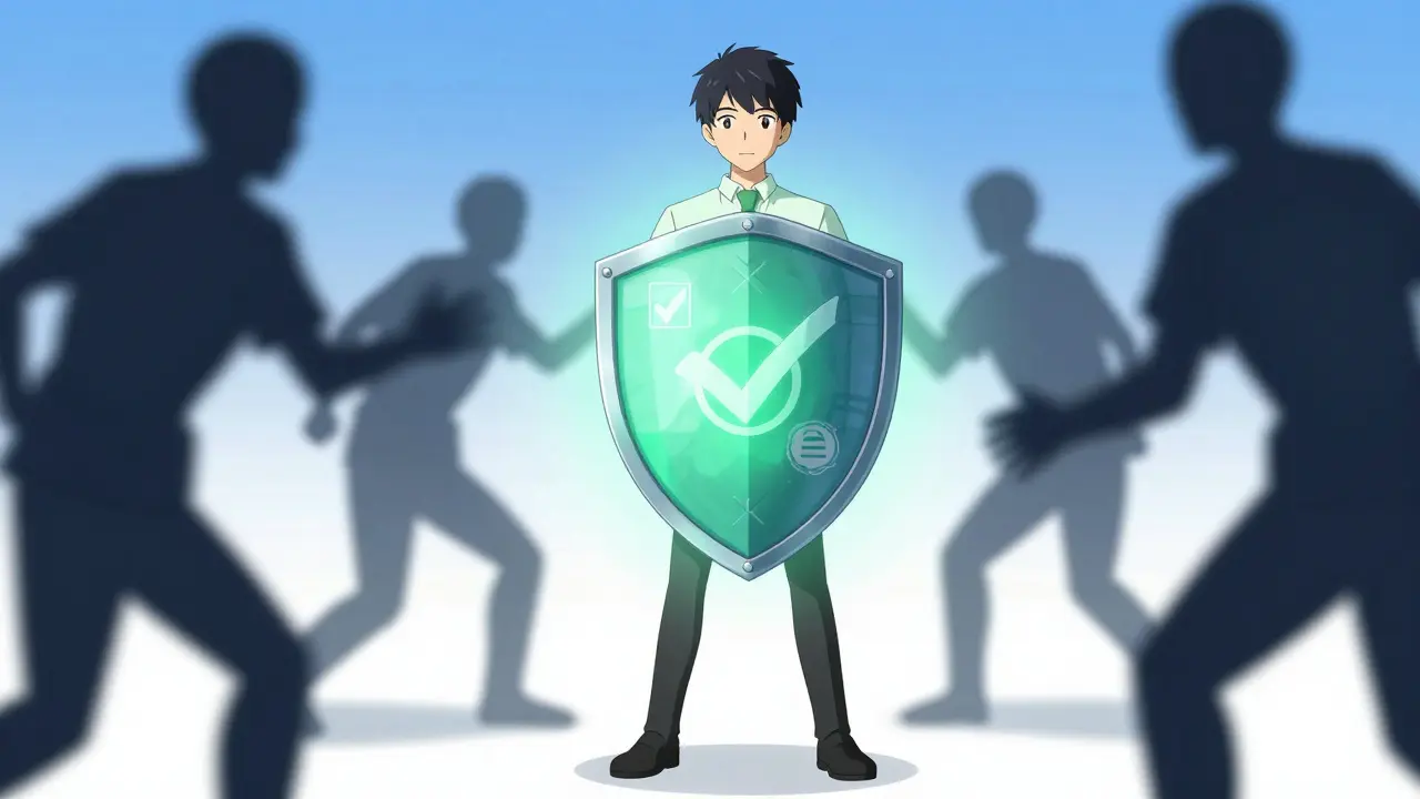 Character holding a glowing shield against dark shadows, representing safe online pharmacy choices.