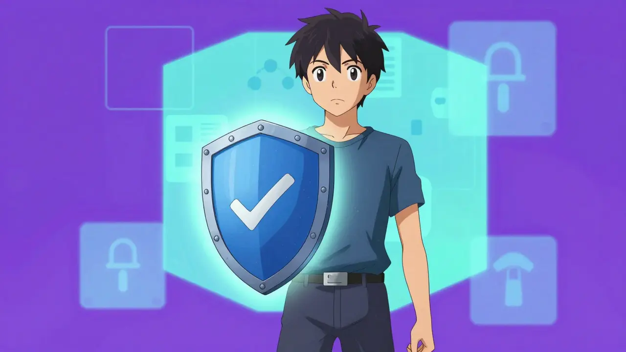 Character holding a glowing shield representing safe online healthcare