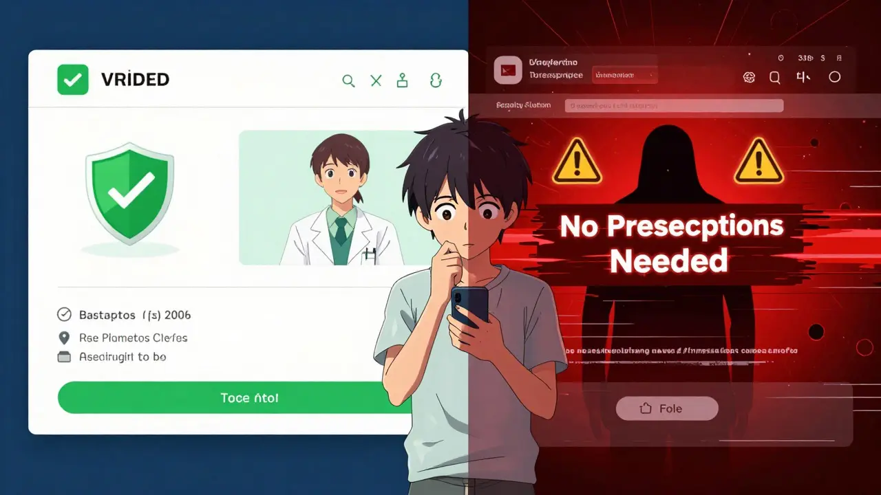 Comparison of safe verified pharmacy website versus risky scam site interface