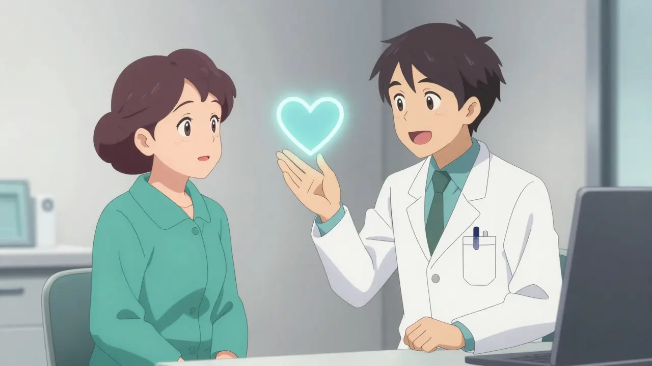 Doctor reassuring an elderly patient with a glowing heart icon