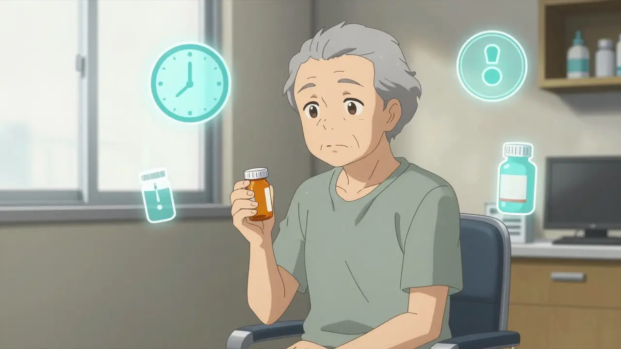 Elderly patient reviewing medication risks with floating health icons.