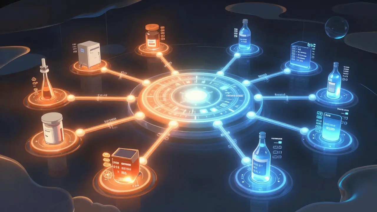 Glowing blockchain network visualizing secure drug supply chain data links.