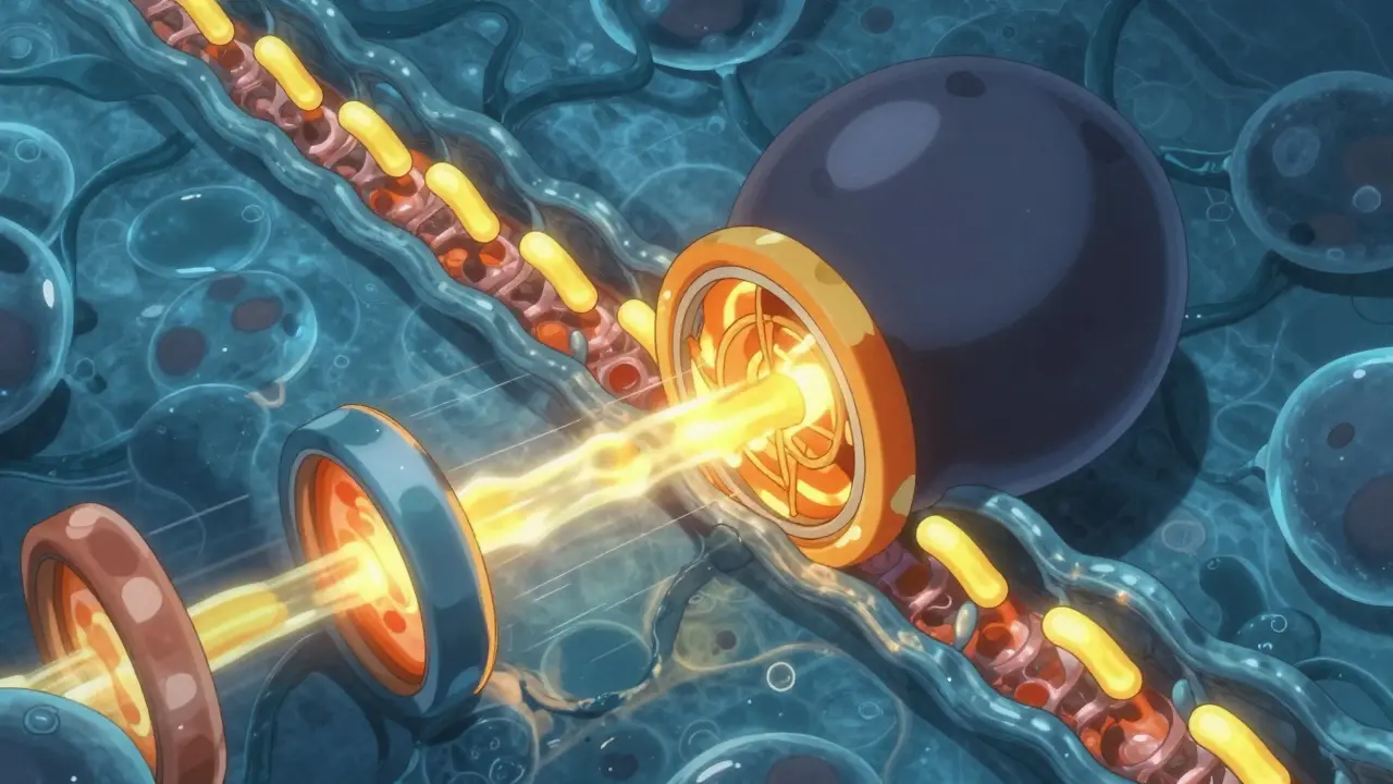 Hydroxyzine molecule blocking potassium channels on a cell membrane.